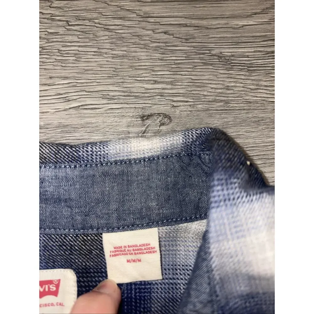 Men Levis NEW White Blue Plaid Flannel Button Shirt Long Sleeve Size MED #4469